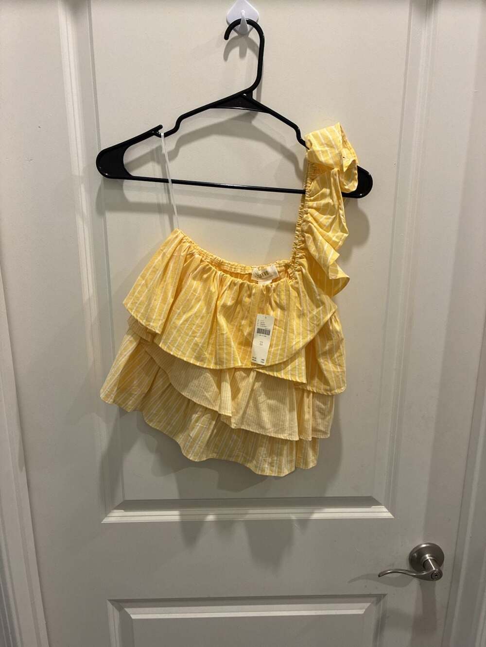 Maeve by Anthropologie Yellow and White Striped Ruffled One-Shoulder Top
